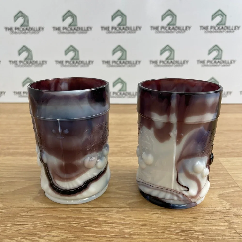 Imperial Glass Purple Slag Glass Morning Glory Tumblers Set of 2 Vintage IG Logo